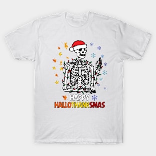 Happy HalloThanksMas Skeleton Santa Fall Winter T-Shirt